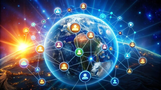 Vibrant illustration of interconnected devices and social media icons surrounding a glowing earth, symbolizing global
