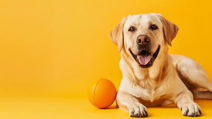 A cheerful Labrador with a ball isolated on yellow background