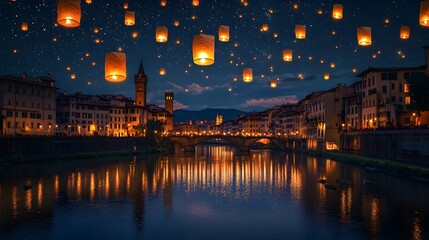 Fototapeta premium Mystical Festa della Rificolona with Glowing Lanterns Floating Above the Arno River Reflecting on the Water Under a Sky Full of Twinkling Stars in Florence Italy