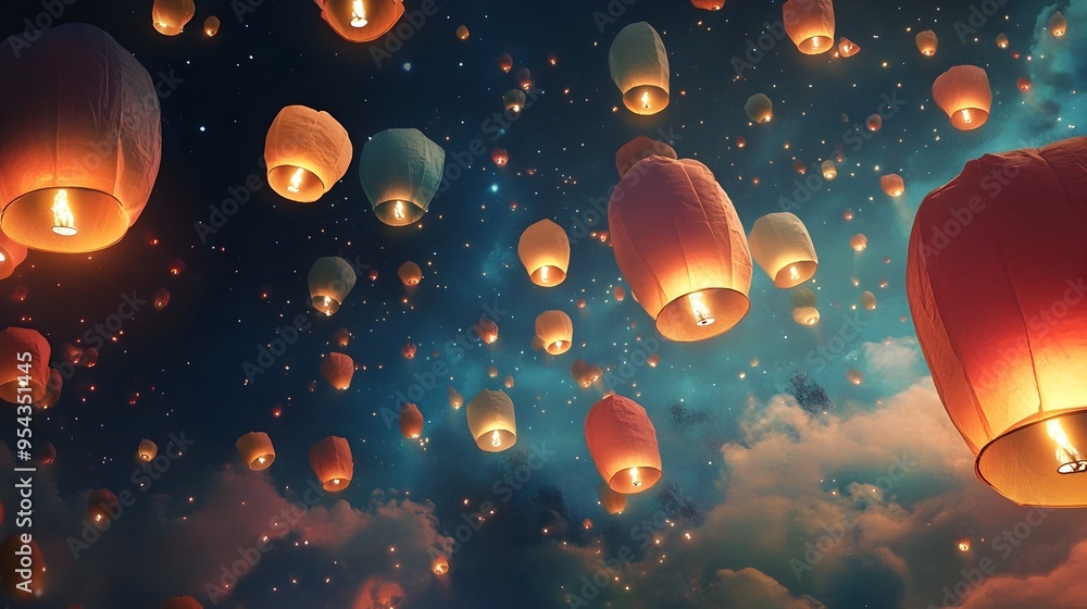 Aufkleber enchanting rificolona lanterns gently floating and ascending in a dreamy night sky illuminated by th