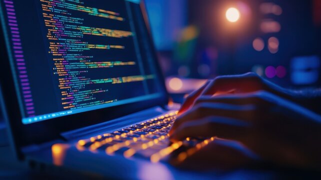 Close-up of hands typing on a laptop, coding in a vibrant, colorful digital environment. Perfect for technology and programming themes.