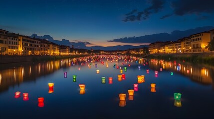 Obraz premium Colorful lanterns of the Festa della Rificolona festival floating along the serene Arno River in the enchanting twilight creating a dreamy and whimsical atmosphere under the starry night sky