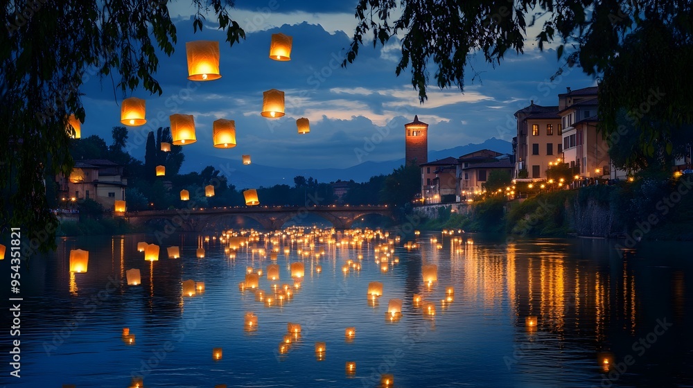 Poster enchanting scene of floating lanterns casting a soft glow on the calm river s surface with a starry 