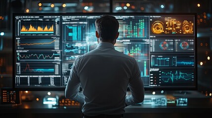 Businessman Analyzes Financial Data Visualized on Multiple Monitors