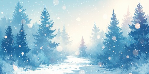 Enchanting Winter Wonderland: Anime-Style Snowy Forest Path with Sunlit Pines. Dreamy Abstract Concept Art for Games, Storybooks, and Festive Decor. Serene 4K Wallpaper Capturing New Year's Magic and 