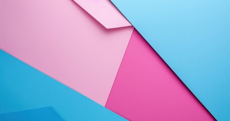 Abstract composition of colorful geometric shapes in pink and blue tones.