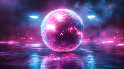 Naklejka premium Disco Ball Neon Lights Nightclub Party Scene