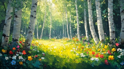 Sunlit Birch Forest with Blooming Wildflowers