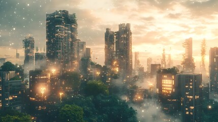 Fototapeta premium Futuristic city in 2050 featuring towering skyscrapers and floating gardens bathed in a soft dreamy light with a sparkling twilight sky overhead