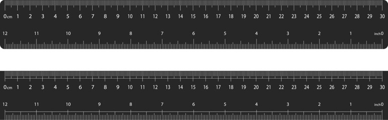 Set of Black Ruler Flat icons. Size, height, distance ruler vectors. Measure length web signs. Horizontal scale with 12 inch and 30 centimeter markup and numbers isolated on transparent background.