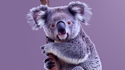 Obraz premium A cuddly koala clinging to a branch isolated on a purple background