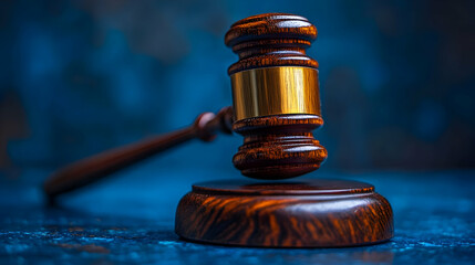Obraz premium Wooden Gavel on Blue Background