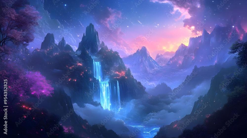 Poster a captivating futuristic landscape with floating mountains cascading glowing waterfalls and a starry