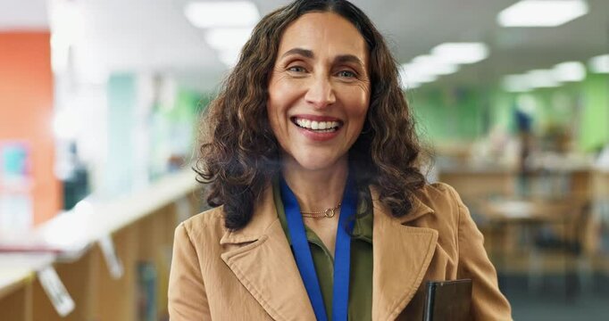 Mature woman, smile or portrait in library for education, knowledge or professional in school. Child therapist, happy or pride in book room for outsource consultation, student counseling or academics