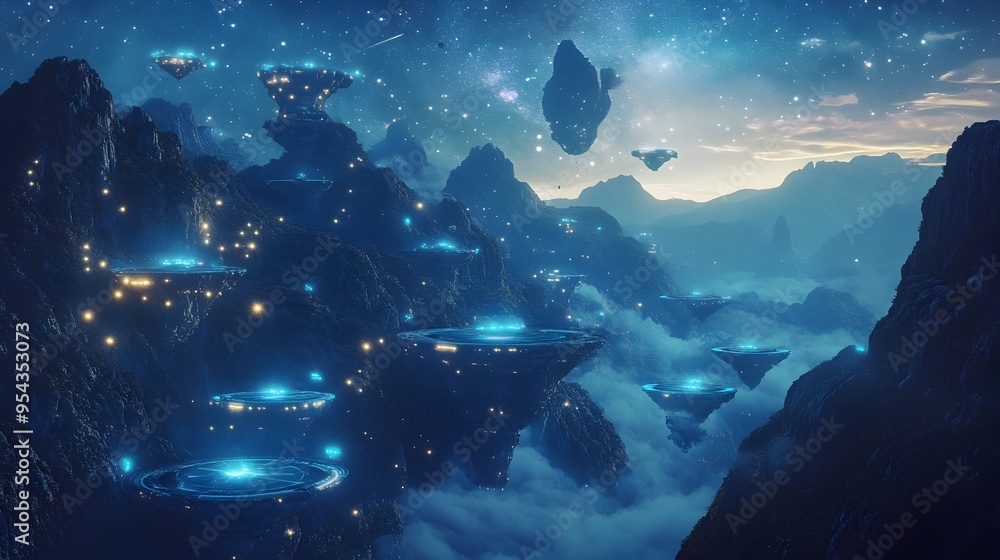 Poster a serene and futuristic mountain landscape in the year 2050 featuring floating platforms and glowing