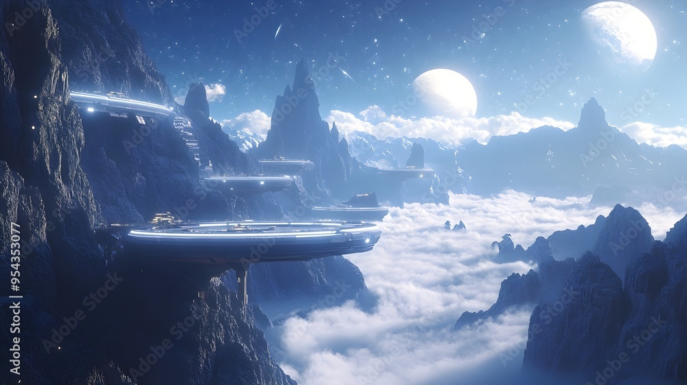 Aufkleber a serene mountain landscape in the year 2050 where floating platforms and glowing paths create a fut