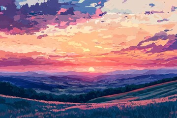 Observing the gentle fade of sunset colors over a series of rolling hills. Cozy vibe, Generative AI