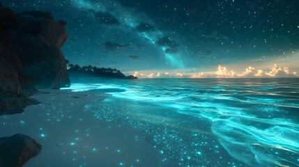 Fototapeta premium A futuristic beach in the year 2050 where glowing sand and bioluminescent waves create a dreamy otherworldly scene set against a sky filled with twinkling stars and a cosmic interstellar atmosphere