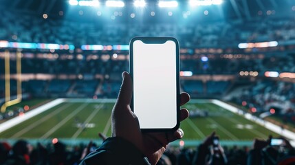 Image of a male hand holding a smartphone with a blank screen at an American football stadium.
