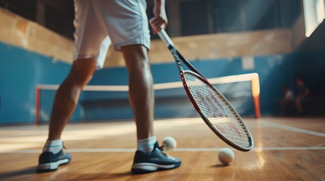 Close-up photo of Squash player on a squash court with racket.