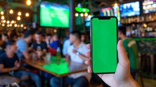 Capturing a moment in a sports bar, this image features a hand holding a smartphone with a green screen