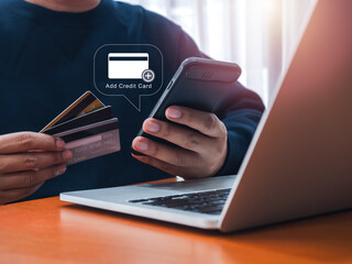 Add credit card, financial, speedy Cash, online payment monthly technology concept. Add credit cash or debit card icon in speech bubble appear while man holding three cards and using smartphone.