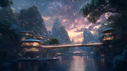 Fototapeta premium A tranquil river in the year 2050 where floating homes and glowing bridges create a dreamy futuristic world under a sky filled with twinkling stars This visionary landscape showcases a sustainable
