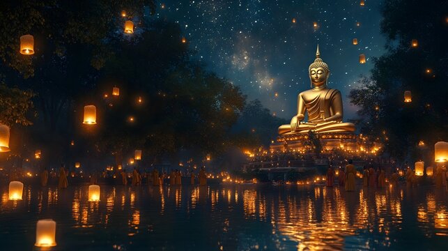 Ethereal forest temple with a golden Buddha statue surrounded by monks and devotees holding glowing lanterns set against a serene starry night sky on the spiritual holiday of Makha Bucha Day
