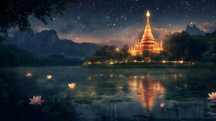 A tranquil and serene scene of a beautiful pagoda glowing softly against the night sky