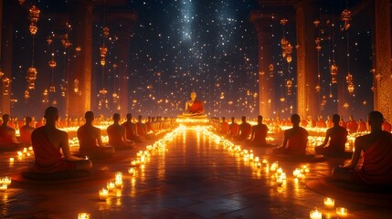 Serene and tranquil meditation hall during the Kathina ceremony with monks in deep contemplation surrounded by the glow of candles and a sky filled with sparkling stars
