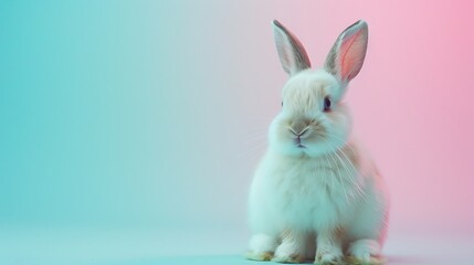 Obraz premium A fluffy bunny with long ears on a pink and blue gradient background
