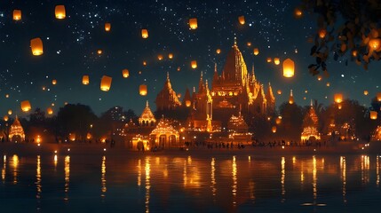 Obraz premium Peaceful night during the Festival of Lights with lanterns floating into the starry sky surrounded by the soft glow of temple lights and a serene magical atmosphere