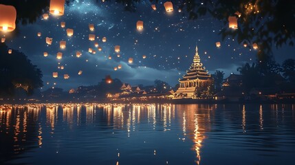 Fototapeta premium Stunning scene of a serene Buddhist ceremony taking place by a river with floating lanterns and a starry sky beautifully reflected on the calm water creating a peaceful and dreamy atmosphere