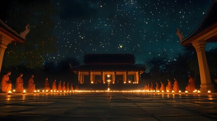 Fototapeta premium Serene starlit night during Visakha Bucha in Thailand where monks chant by candlelight in the temple courtyard with the sky filled with twinkling stars overhead