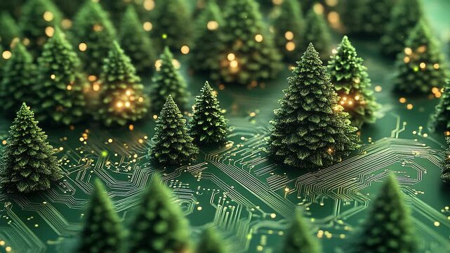 Green circuit board with pine trees, forest background. Symbolizing the connection between nature and technology. Environmentally friendly tech. Natural eco-friendly tree. Environmental sustainability