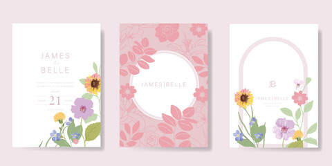 Elegant wedding invitation card background vector. Minimal hand painted watercolor botanical flowers texture template background. Design illustration for wedding, vip cover, poster, rsvp modern card.