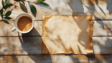 Coffee Cup, Parchment Paper, and Sunlight on Wooden Table