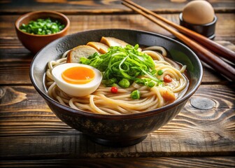 Vibrant Japanese Ramen noodles swim in rich pork or chicken broth, garnished with green onions, bean sprouts, and a soft-boiled egg in a steaming bowl.