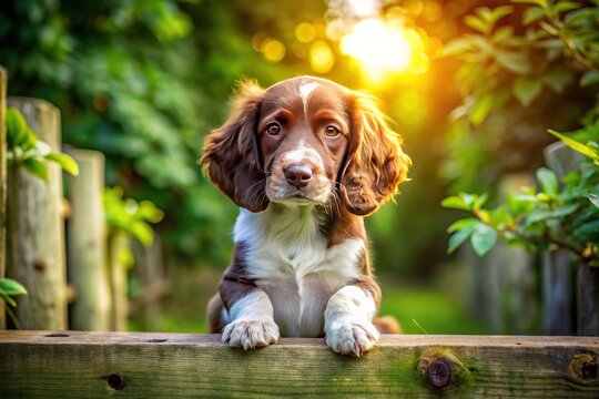 Fluffy sprocker spaniel puppy with floppy ears and big brown eyes sits sweetly on a rustic wooden fence, surrounded by lush greenery and sunlight.