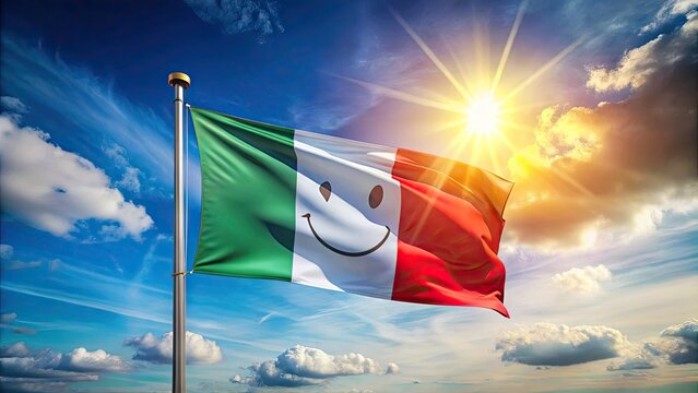 Vibrant Italian tricolor flag waving proudly against a bright blue sky, with a smiling emoji discreetly integrated into the design, symbolizing national pride and joy.