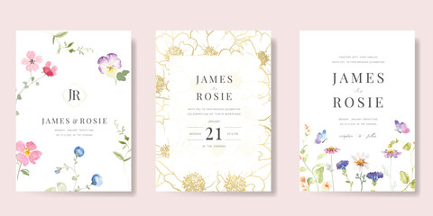 Elegant wedding invitation card background vector. Minimal hand painted watercolor botanical flowers texture template background. Design illustration for wedding, vip cover, poster, rsvp modern card.