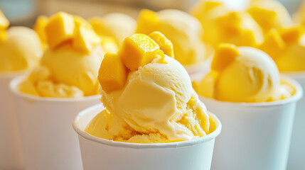 A group of white paper cups filled with mango ice cream, with detailed chunks of mango