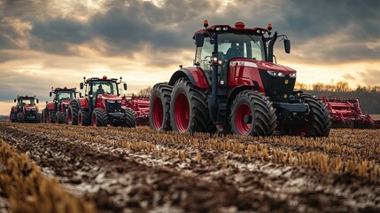 Obraz premium Red Tractors in a Field: Farm Equipment, Agriculture, and Plowing