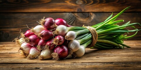Fresh and vibrant bunch of cebolla larga, a type of Spanish onion, sitting on a rustic wooden table against a neutral background.