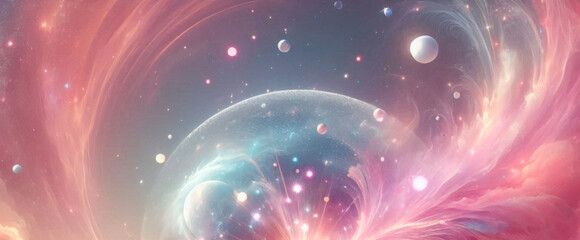 Fototapeta premium Rainbow unicorn pastel background with glitter stars. Pink fantasy sky. Holographic space with bokeh. Fairy iridescent gradient backdrop. Vector 