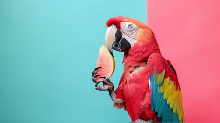 Obraz premium A parrot eating a piece of fruit isolated on colorful background