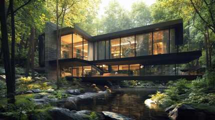 A hidden architectural masterpiece in the forest, featuring full-height windows