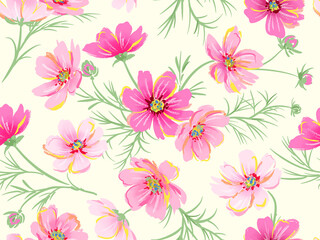 Hand-drawn cosmos seamless pattern. Autumn cosmos wallpaper.