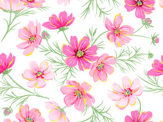 Hand-drawn cosmos seamless pattern. Autumn cosmos wallpaper.