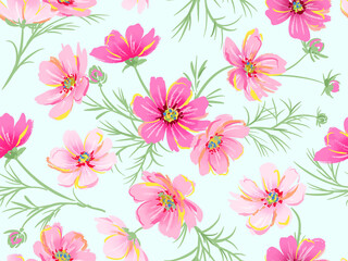 Hand-drawn cosmos seamless pattern. Autumn cosmos wallpaper.